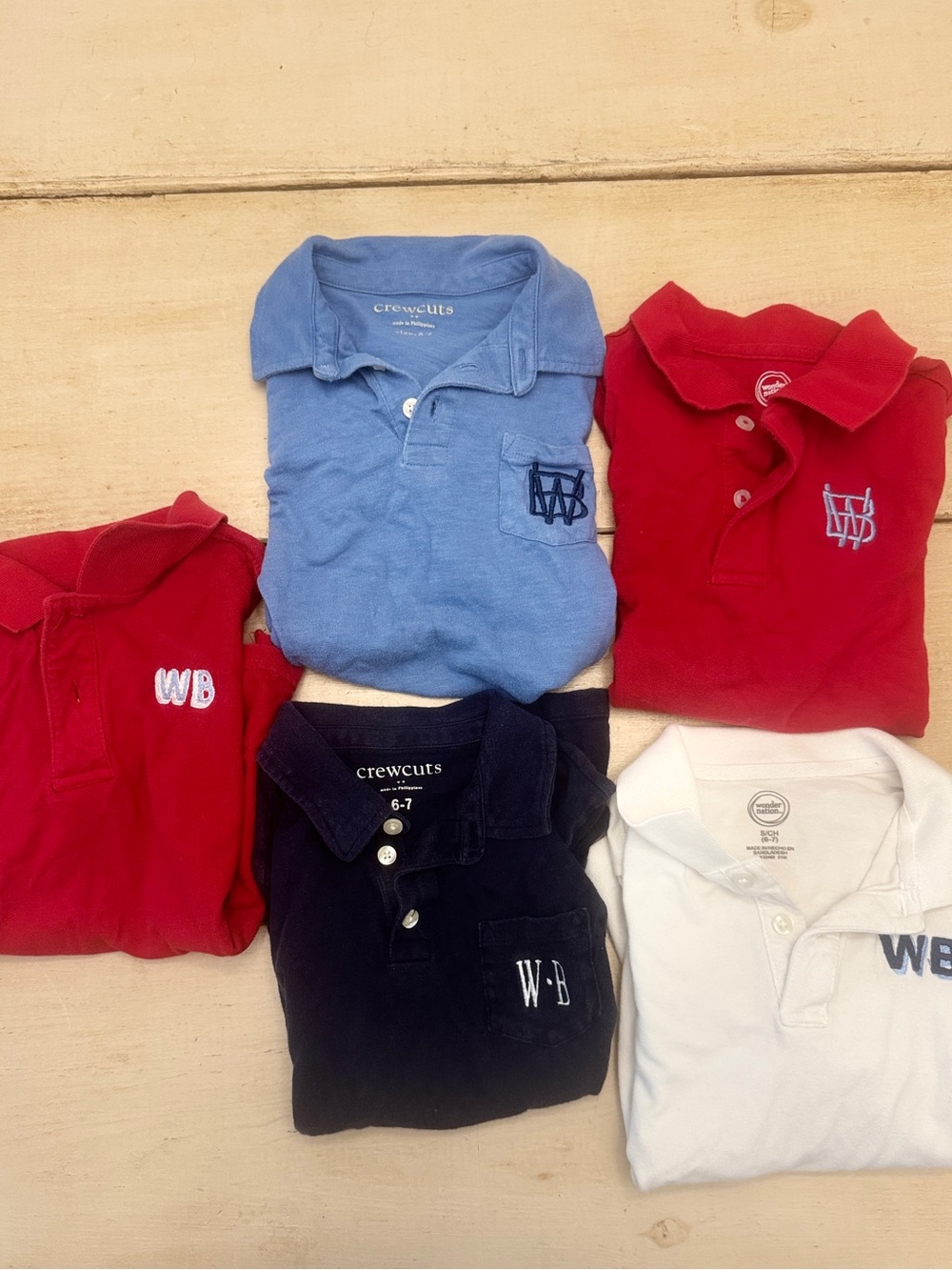 (5) Size 6/7 Boys Polo- Monogrammed “WB”
